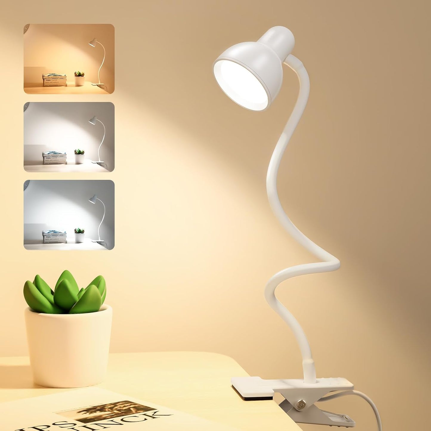 Clip on Lamp USB Reading Light, 3 Color Modes, 10 Brightness Dimmable, 360° Flexible Desk Lamp with Clamp, Eye Care Clip on Light for Bed Desk Headboard Home Dorm White