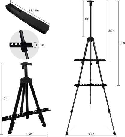 Art Painting Display Artist Easel Stand,Ns Jymb Portable Metal Adjustable Easels for Painting Canvases Height from 17 to 66 Inch - Carry Bag for Table-Top/Floor Displaying and Wedding Signs - Black