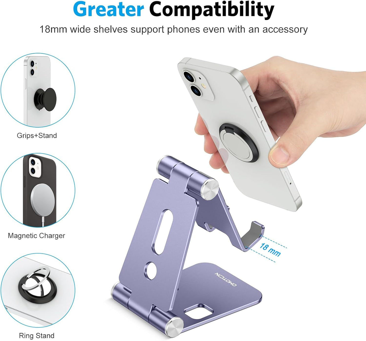 OMOTON Foldable Cell Phone Stand, C4 Portable Aluminum Phone Holder, Adjustable Phone Dock Cradle for iPhone 17/16/15 Pro Max Air, Small Tablets, Smart Phones, Women Men Gift for Fathers Day, Silver