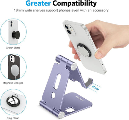 OMOTON Foldable Cell Phone Stand, C4 Portable Aluminum Phone Holder, Adjustable Phone Dock Cradle for iPhone 17/16/15 Pro Max Air, Small Tablets, Smart Phones, Women Men Gift for Fathers Day, Silver