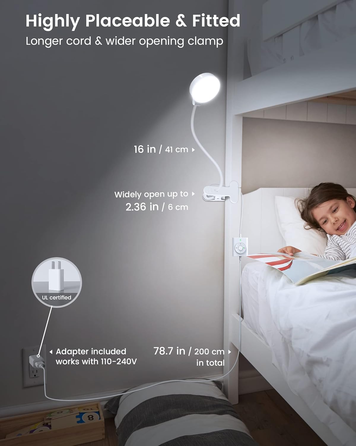 Glocusent 5W Clip on Light, 36LED Eye Caring Reading Light for Bed, 3 Colors & 5 Brightness Clip on Lamp with Adapter, Perfect Reading Light for Bed with Clamp/Bunk Bed/Headboard/Table/Desk