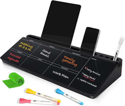 DOLLAR BOSS Glass Desk Whiteboard Calendar Small Dry Erase Board Desktop White Board with Storage Drawer Computer Keyboard Stand Desk Organizer, Colorful Weekly Calendar, Black