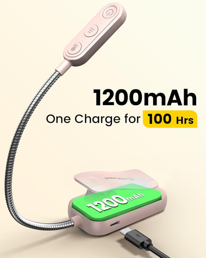 Glocusent 20 LED Reading Lights for Books in Bed, Eye Caring Reading Light, 5 Colors & 5 Brightness 3–100LM Dimmable, 1200mAh Rechargeable Book Light to 90H, Lightweight Clip on Light for Book Lovers