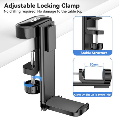 KDD 5 in 1 Desk Controller Holder - Rotating Headphone Hanger with Cup Holder - Clamp On Desk Organizer Holds Controller, Headphone, Cup, Mobile Phone and Pen(Black)