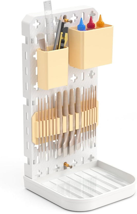 Paint Brush Holder with Drip Tray & Silicone Paint Brush Drying Rack,2 Removable Pegboard Bins for Artist Brush Holder,Paint Brush Stand White Pegboard for Desktop & Wall-Mount for Acrylic Paint Brush