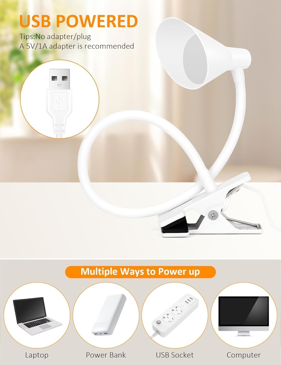 Clip on Light LED Reading Light for Books in Bed, Eye Care Dimmable Reading Lamp 3 Color & 10 Brightness Levels Flexible Clip on Lamp Reading Light for Bed Headboard Bedside Dorm Desk Table - Black