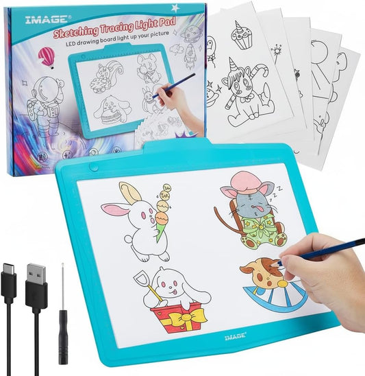 IMAGE A4 LED Tracing Pad for Kids, Rechargeable Light Up Drawing Tablet Board Children Portable Art Christmas Gift for Boys Girls Ages 6+(with 10 Traceable Sheets), Durable & Fun Creative Toy(Blue)