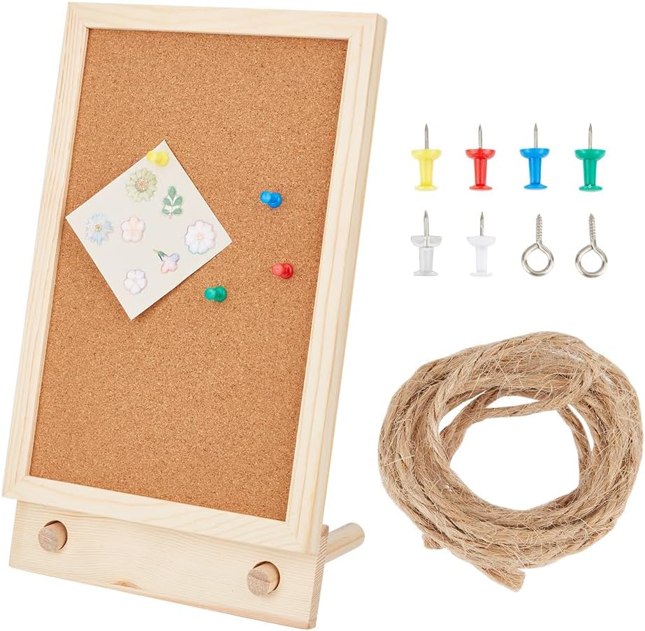 OLYCRAFT Desktop Cork Board with Hemp Rope 2Pcs Wood Sticks 2Pcs Screw Pins and 6Pcs Thumbtacks Cork Bulletin Board Message Picture Board for Home Office Decor DIY Crafts-13.5x7.9x1.2 Inch