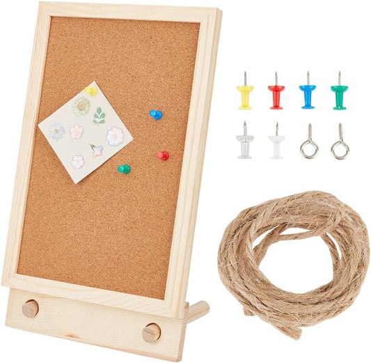 OLYCRAFT Desktop Cork Board with Hemp Rope 2Pcs Wood Sticks 2Pcs Screw Pins and 6Pcs Thumbtacks Cork Bulletin Board Message Picture Board for Home Office Decor DIY Crafts-13.5x7.9x1.2 Inch