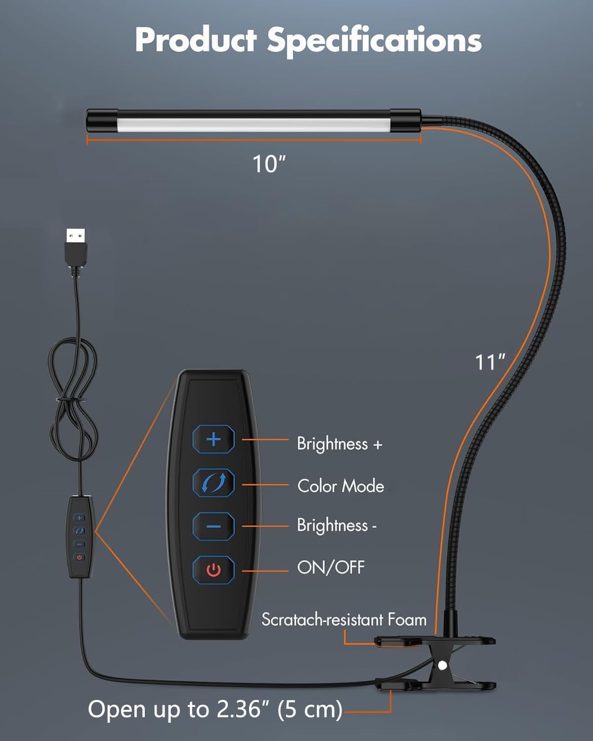 JHD Led Desk Lamp with Clamp - 10 Brightness Levels, 12" Flexible Gooseneck,Eye Protection USB Lamp - Suitable for Home Office, Reading, Bed Light,Quality Black Metal Clamp Light,Headboard Lamp