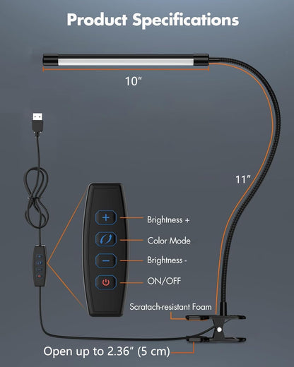 JHD Led Desk Lamp with Clamp - 10 Brightness Levels, 12" Flexible Gooseneck,Eye Protection USB Lamp - Suitable for Home Office, Reading, Bed Light,Quality Black Metal Clamp Light,Headboard Lamp
