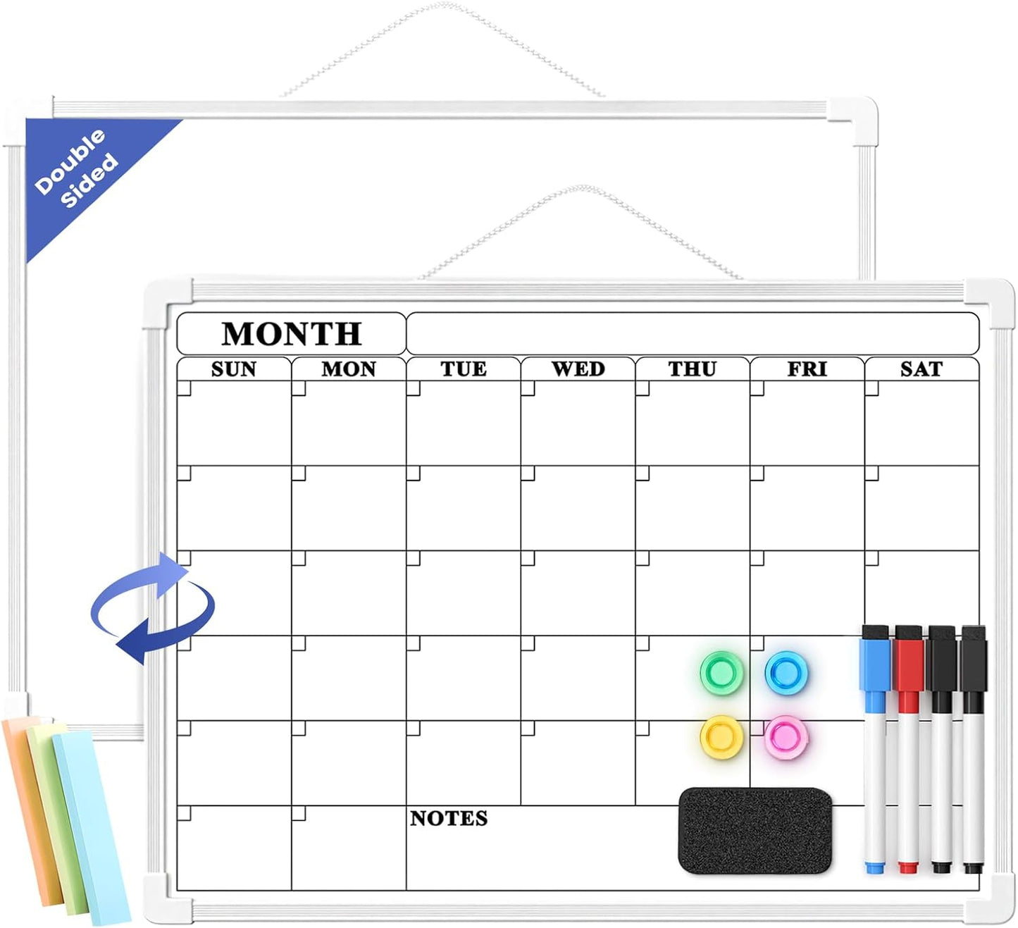 Monthly Whiteboard Calendar for Wall, Small 16" x 12" Dry Erase Board with Plastic Frame, Hanging Dry Erase Calendar with 3 Mini Sticky Notes for Kitchen Planner, Memo, Home and Office