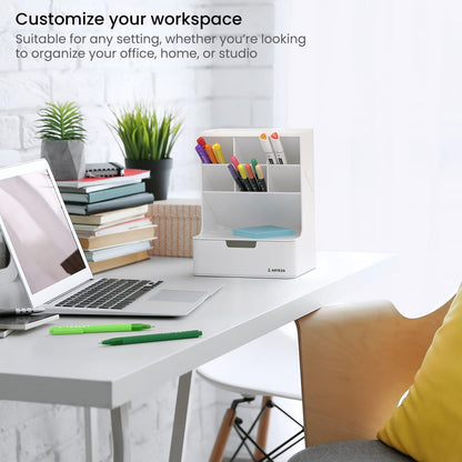 ARTEZA Desktop Pen and Marker Organizer, 6-Compartment White Pen Holder for Desk with Stationery Drawer, Makeup Organizer