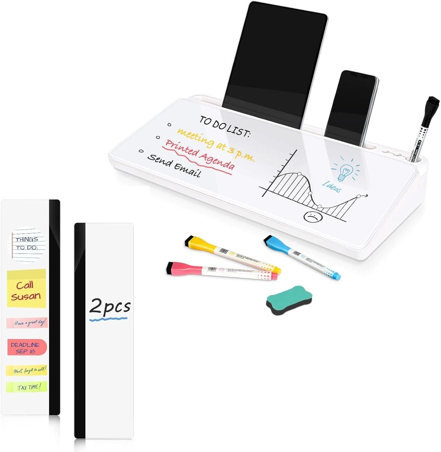 DOLLAR BOSS Glass Desk Whiteboard with Storage, All White & Monitor Memo Boards for Computers 2PCS