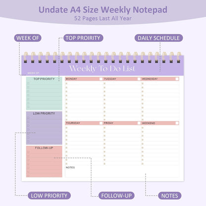Weekly To Do List Notepad, 52 Undated Sheets (8.5"×11"), Undated Weekly Planner for Women & Men, Desk Accessories and Supplies for Office, Home, and School