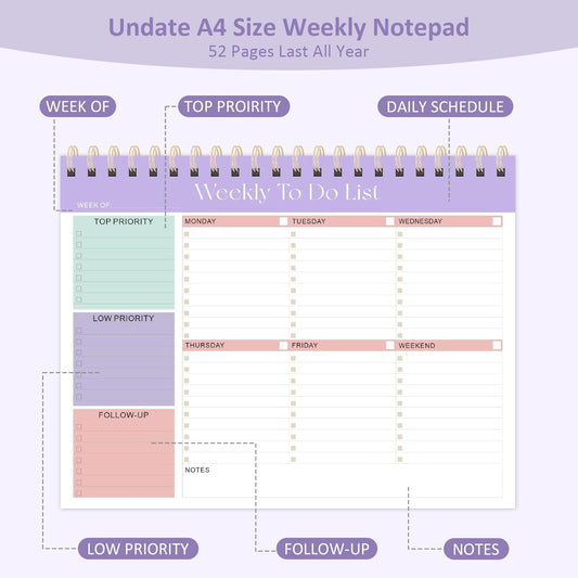 Weekly To Do List Notepad, 52 Undated Sheets (8.5"×11"), Undated Weekly Planner for Women & Men, Desk Accessories and Supplies for Office, Home, and School