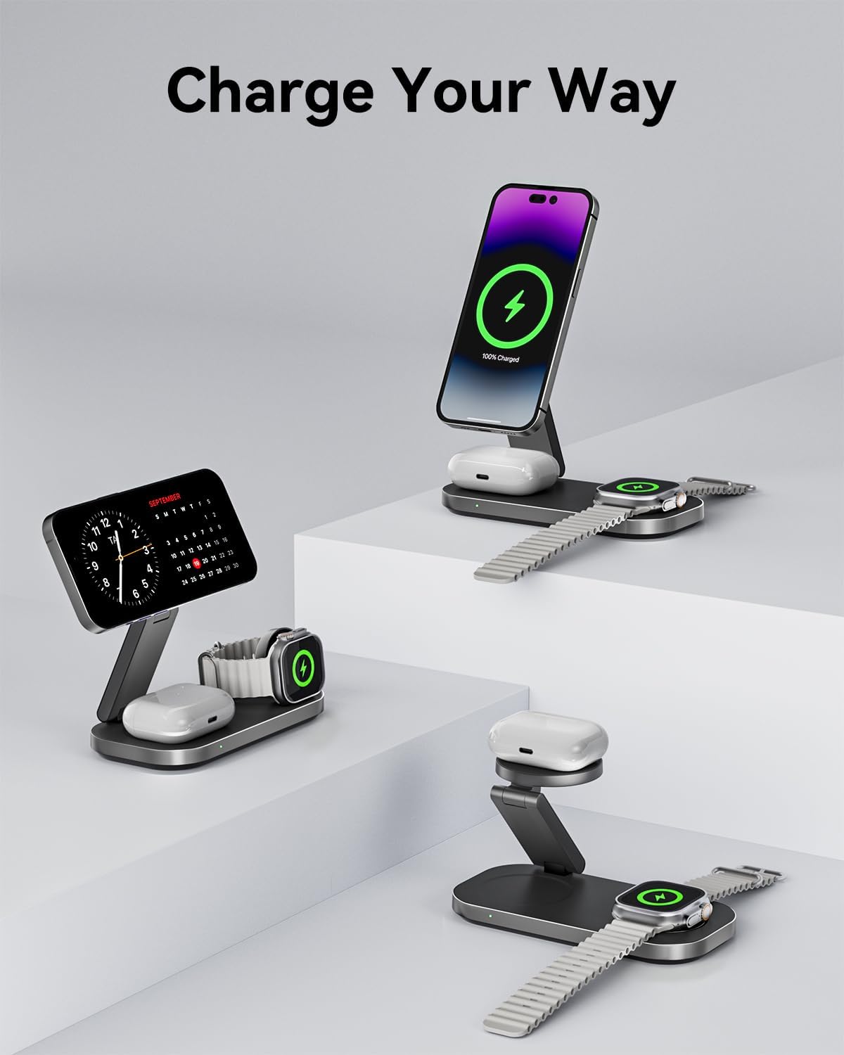 3-in-1 Charging Station for Apple Device, Qi2 25W Certified Magnetic Wireless Foldable Fast Charger Stand Compatible with MagSafe for iPhone 17e/17/16/15/14/13/12/Air Series, Apple Watch & AirPods