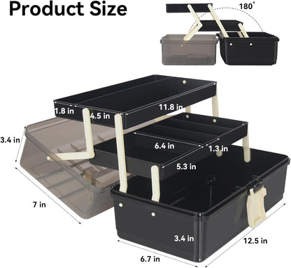 WEWLINE 13-Inch Art Storage Box 3-Layers Plastic Storage Box with Handle Craft Art Bin Portable for Home School Office Travel, Black