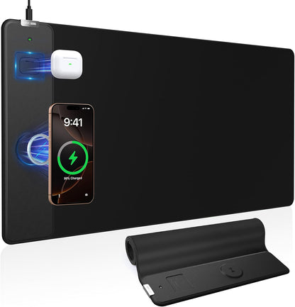 Wireless Charging Mouse Pad with Foldable Phone Holder, 31.5"x15.8" Large Desk Mat for Laptop/Keyboard, Waterproof Ultra-Smooth Surface, Non-Slip Base, Black