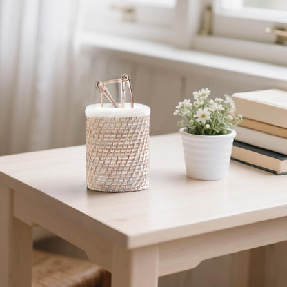 Mkono Glasses Holder for Nightstand Rattan Protective Glasses Stand for Glass Eyeglass Organizer Holder for Desk, Table