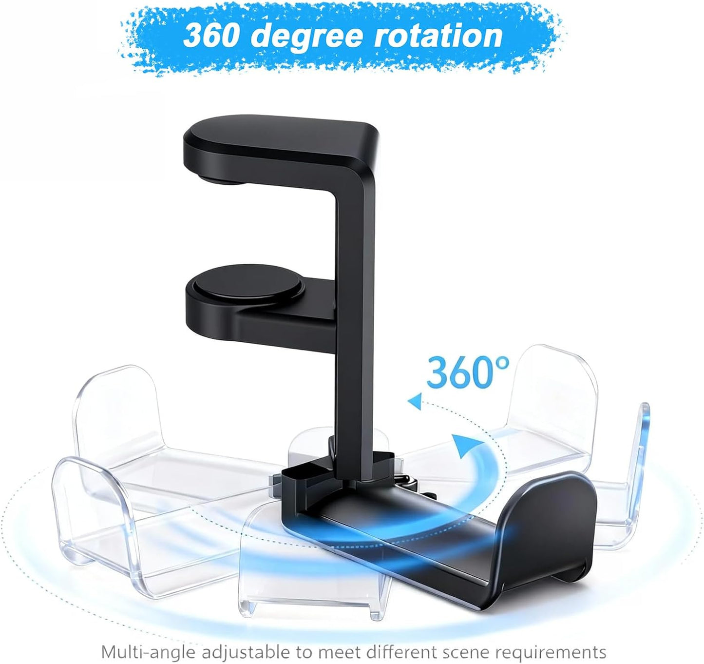 Universal Headphone Stand & Headset Holder - 360° Swivel Under Desk Headphone Hook with Cable Management Clip (Black)