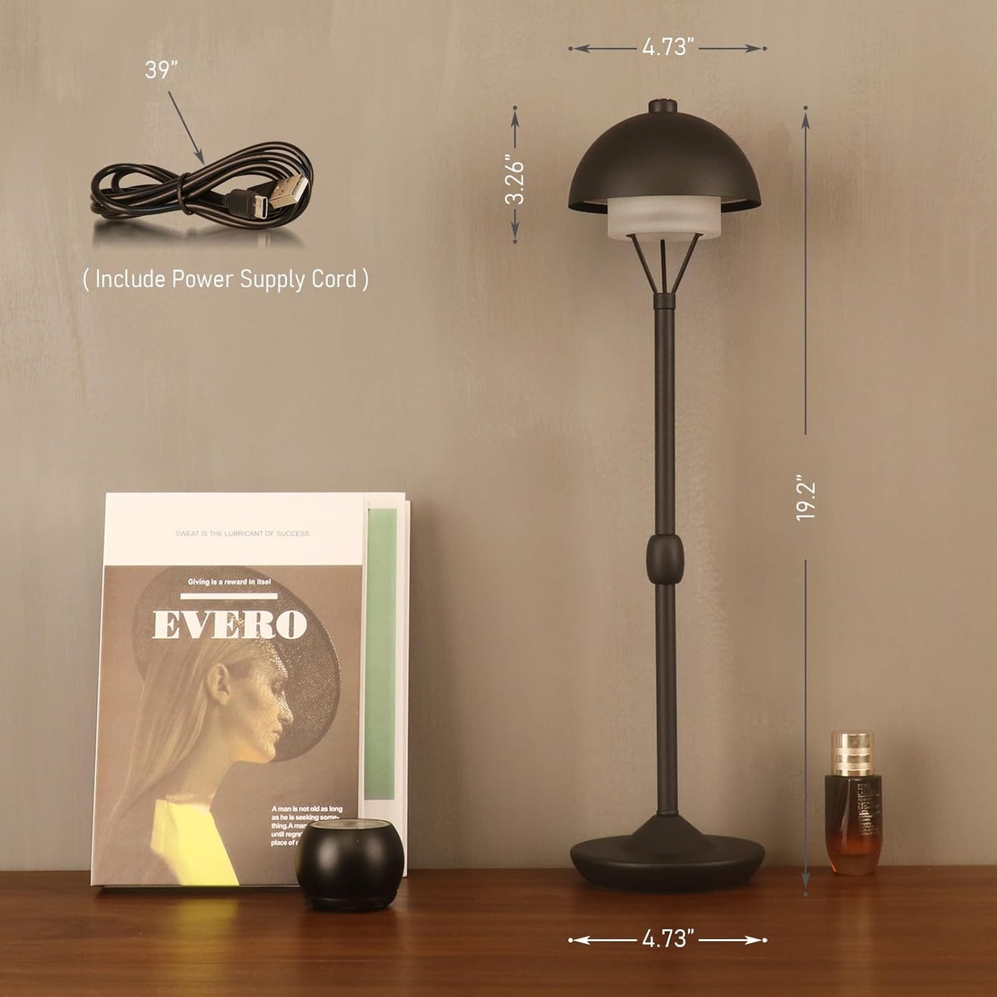 Modern Table Lamp Cordless Portable Desk Lamp, 2700K Stepless Dimming Rechargeable Battery Operated LED Lights for Bedroom, USB-C Charging, Restaurant/Bar/Night Light/Gifts (Antique Brass)
