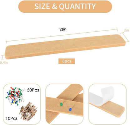 Vuzvuv 8 pcs Bulletin Board Bar Strips with 50 Pushpins & 10 Wooden Clip pins，Self Adhesive Cork Board for Wall，Felt Pin Board for School，Office Decor（Black White Grey）