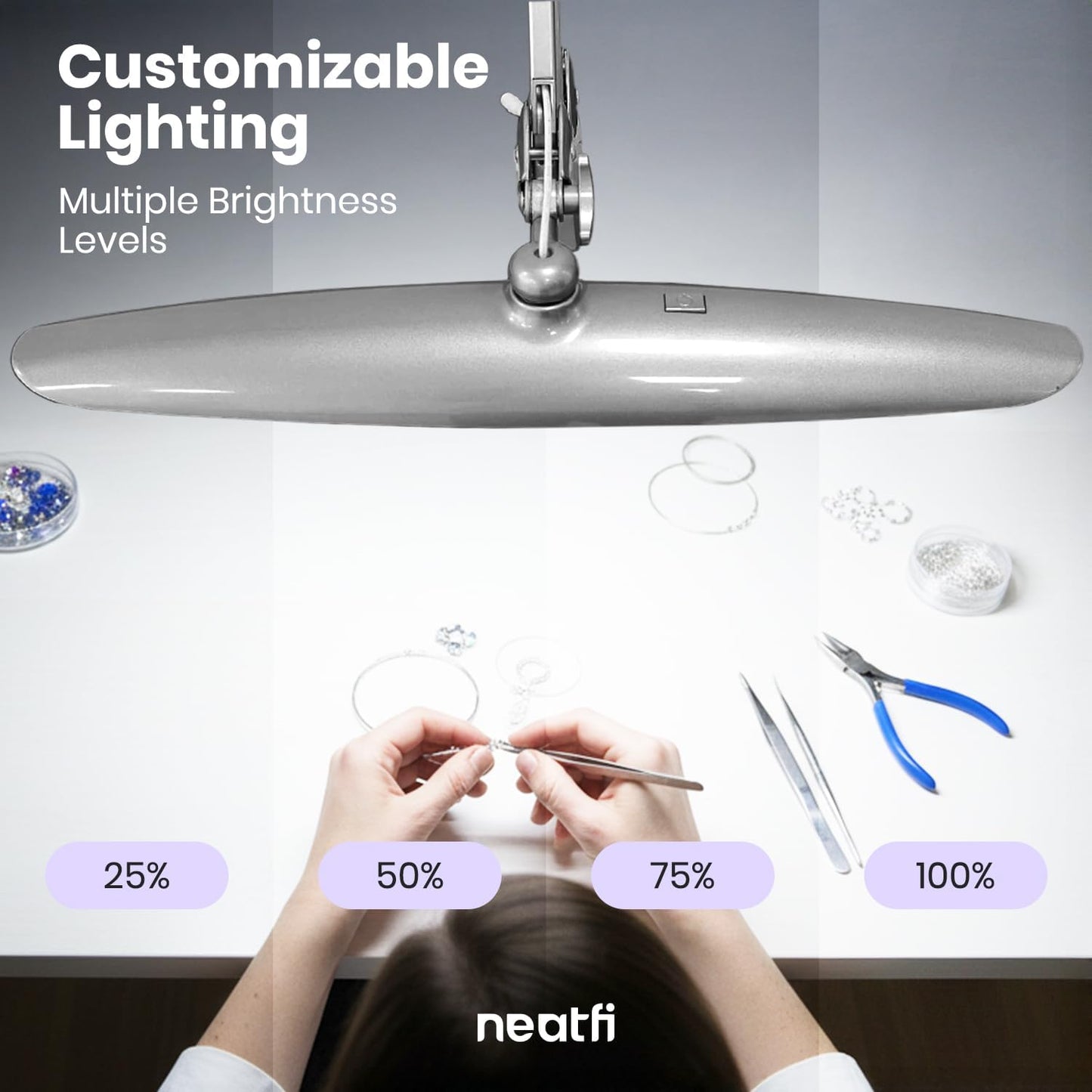 Neatfi XL 2200 Lumens 24W LED Desk Lamp – Shadow-Free Task Lighting | 4-Level Dimming | Home Office & Crafts Use | 20-Inch Wide Head (White, Non-CCT with Clamp)