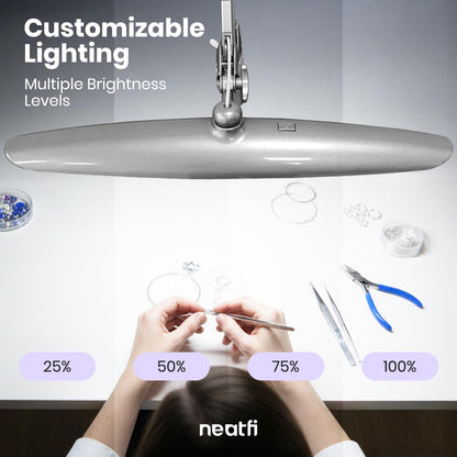 Neatfi XL 2200 Lumens 24W LED Desk Lamp – Shadow-Free Task Lighting | 4-Level Dimming | Home Office & Crafts Use | 20-Inch Wide Head (White, Non-CCT with Clamp)