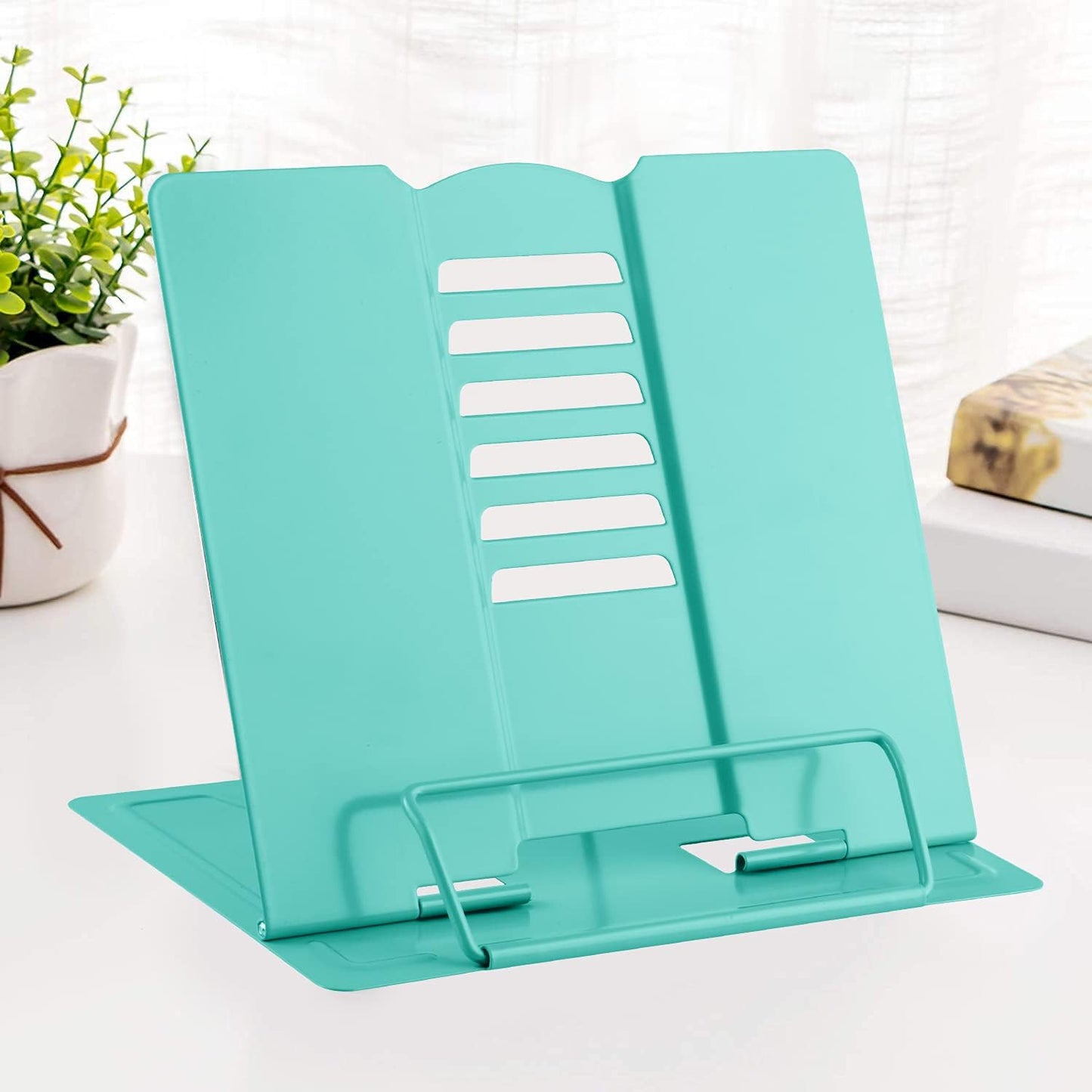 MSDADA Desk Book Stand Metal Reading Rest Book Holder Adjustable Cookbook Documents Holder Bookstands for Recipes Textbook Music Books, the First Day of School Gift for Students, Teachers (Light Blue)