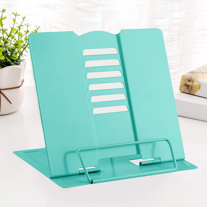 MSDADA Desk Book Stand Metal Reading Rest Book Holder Adjustable Cookbook Documents Holder Bookstands for Recipes Textbook Music Books, the First Day of School Gift for Students, Teachers (Light Blue)