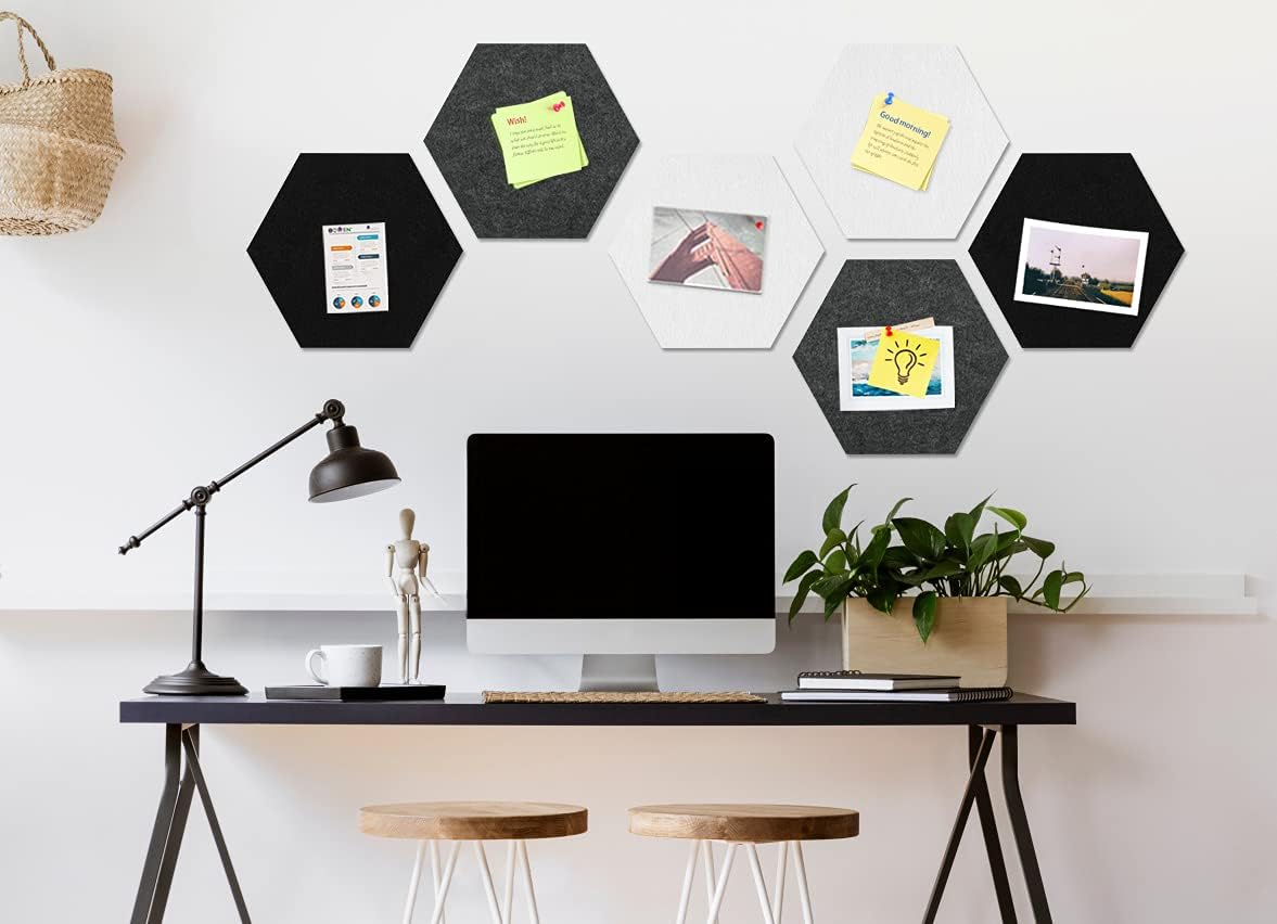 8 Pack Hexagon Felt Bulletin Board Tiles - 12" Large Thick Pin Board for Walls with 30 Push Pins, DIY Boards for Office Home School Decor, Aesthetic Hex Cork Board Alternative