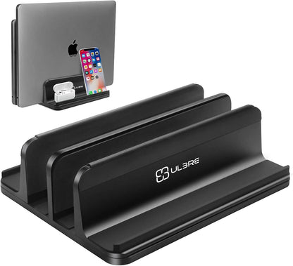 Vertical Laptop Stand Aluminum Heavy Duty, 4 Slots Double Adjustable MacBook Stands Laptop Holder Compatible w' All iPad Surface Dell Samsung HP Chromebook Upto 17.5' - Gray