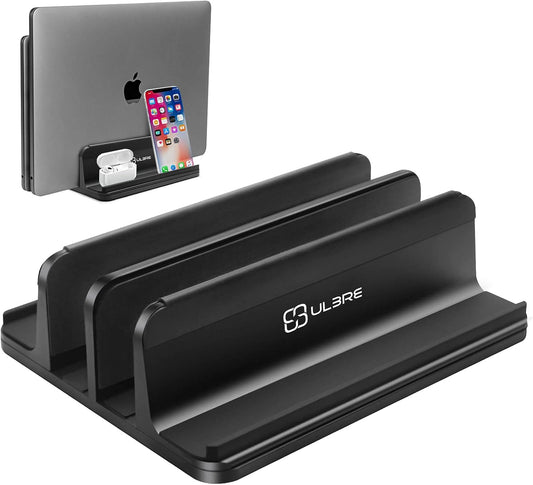 Vertical Laptop Stand Aluminum Heavy Duty, 4 Slots Double Adjustable MacBook Stands Laptop Holder Compatible w' All iPad Surface Dell Samsung HP Chromebook Upto 17.5' - Gray