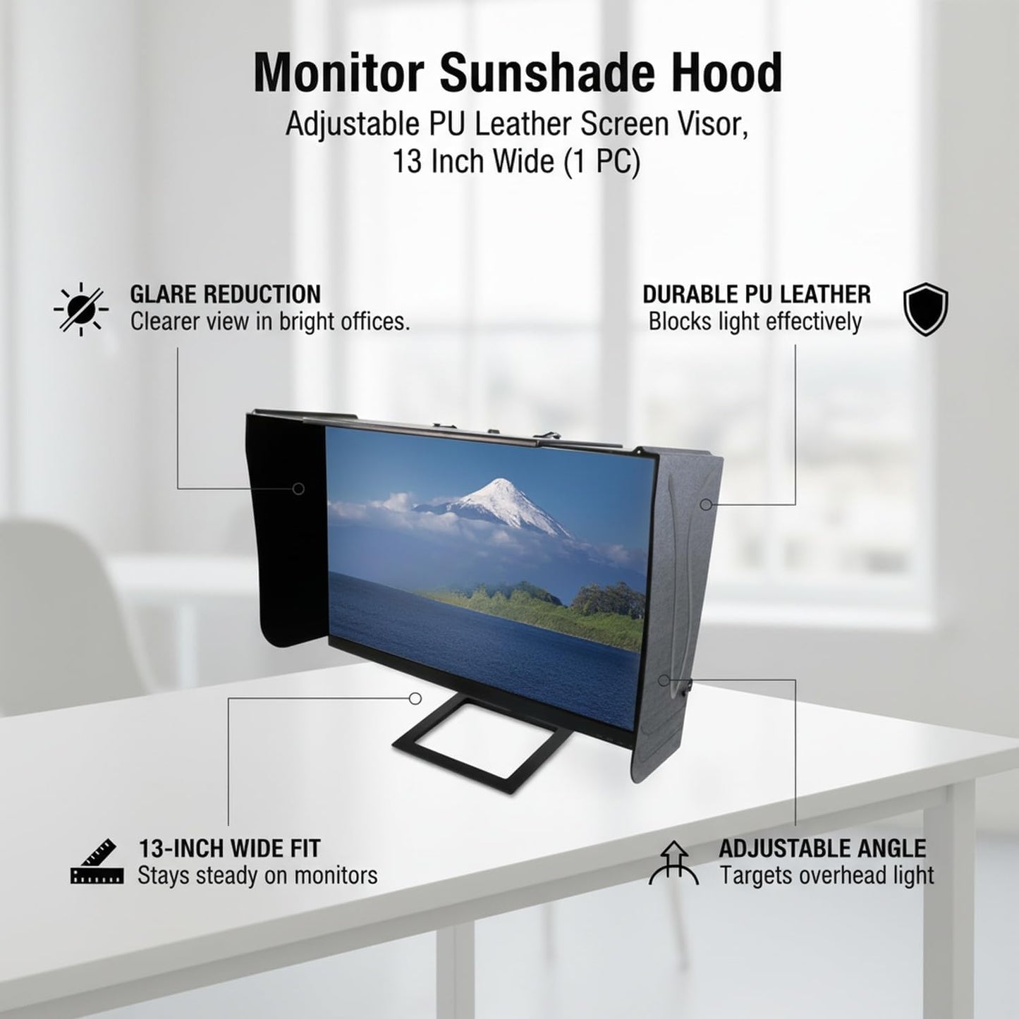 13-Inch Monitor Sunshade Hood, Adjustable PU Leather Screen Visor for Bright Offices, Black