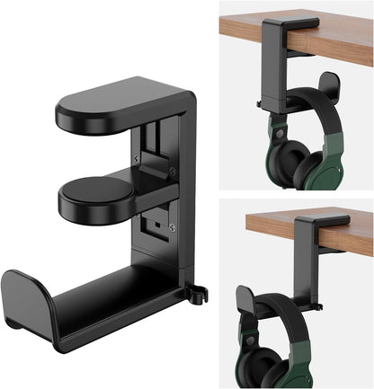 Rotating Headphone Hook - Under Desk Headphone Holder with 360-Degree Adjustable Rotation&Cable Clip Organizer - Black