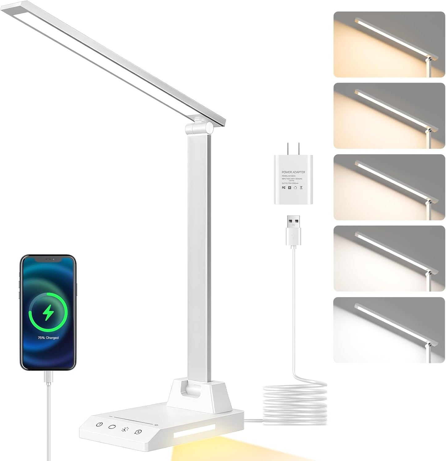 ShineTech LED Desk Lamp with USB-C Charging Port, Dimmable Desk Lamp for Home Office, Eye-Caring Reading Lamp with 25 Lighting Modes, Small Desk Light for Bedroom Nightstand with Adapter