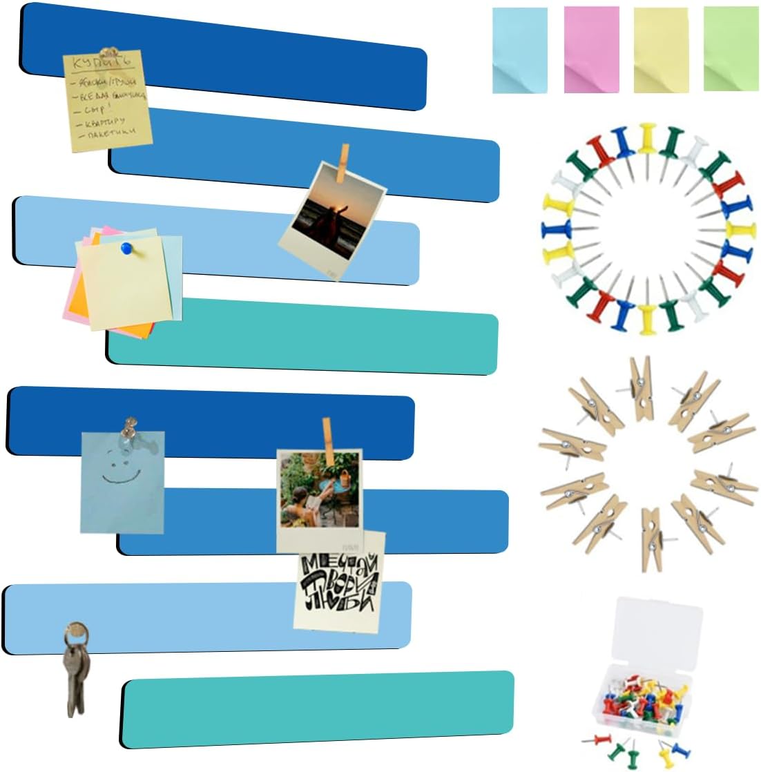 Vuzvuv 8 pcs Bulletin Board Bar Strips with 50 Pushpins & 10 Wooden Clip pins，Self Adhesive Cork Board for Wall，Felt Pin Board for School，Office Decor（Black White Grey）