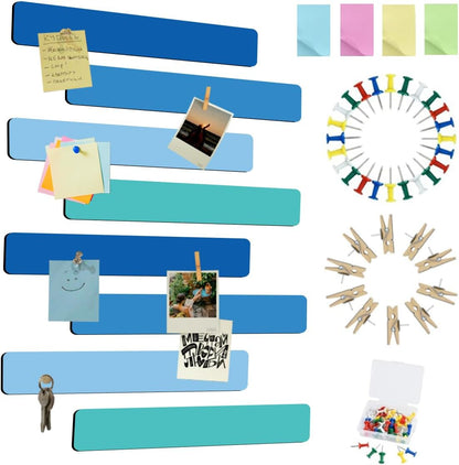 Vuzvuv 8 pcs Bulletin Board Bar Strips with 50 Pushpins & 10 Wooden Clip pins，Self Adhesive Cork Board for Wall，Felt Pin Board for School，Office Decor（Black White Grey）
