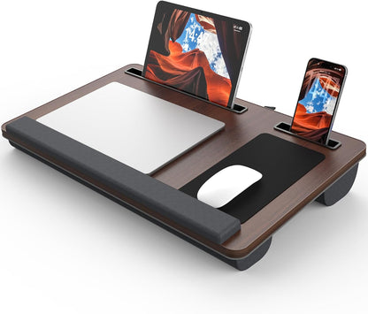 Potuopy Lap Desk- Fits up to 17” Laptop Lap Desk with Wrist Pad, Laptop Lap Pad, Lap Desks for Adults Laptop Stand for Bed with Cushion and 2 Upgraded Mouse Pads, Tablet and Phone Slots (Dark Brown)