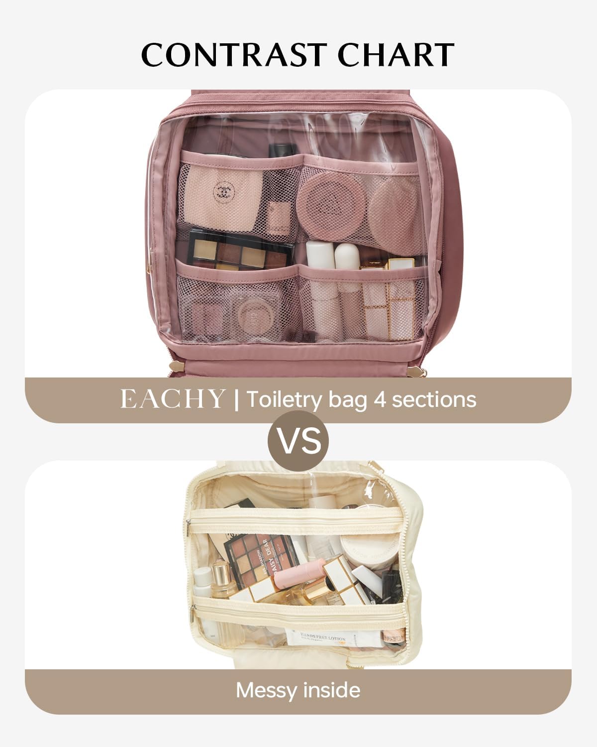 EACHY Toiletry Bag with Hanging Hook, Travel Makeup Bag PU Leather Cosmetic Bags for Women Make Up Organizer with 4 Compartments Waterproof Full-Size Portable Travel Essentials (Beige)