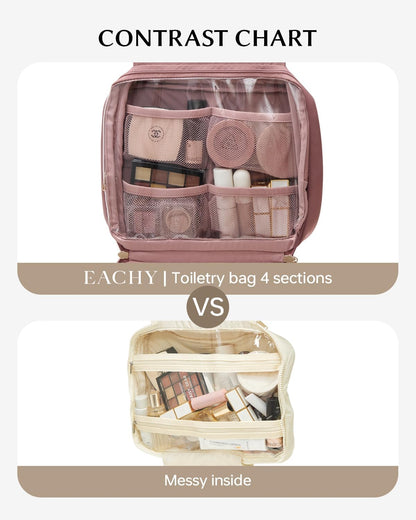 EACHY Toiletry Bag with Hanging Hook, Travel Makeup Bag PU Leather Cosmetic Bags for Women Make Up Organizer with 4 Compartments Waterproof Full-Size Portable Travel Essentials (Beige)