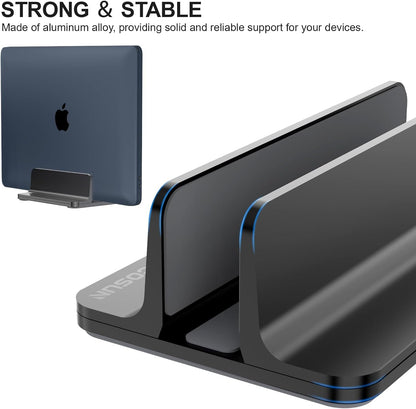 YICOSUN Dual-Slot Aluminum Vertical Laptop Stand for Desk - Adjustable Width Dock for MacBook, Surface, Samsung, HP, Dell up to 17.3 inches - Space-Saving & Protective Design - Gray