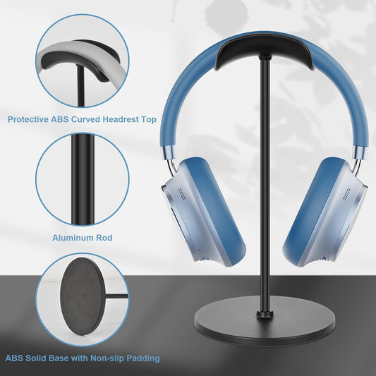T-fun Headphone Stand, Curved Headset Stand with Aluminum Rod ABS Solid Base Gaming Headset Holder for Desk Headphone Accessories for Organization and Display, Black