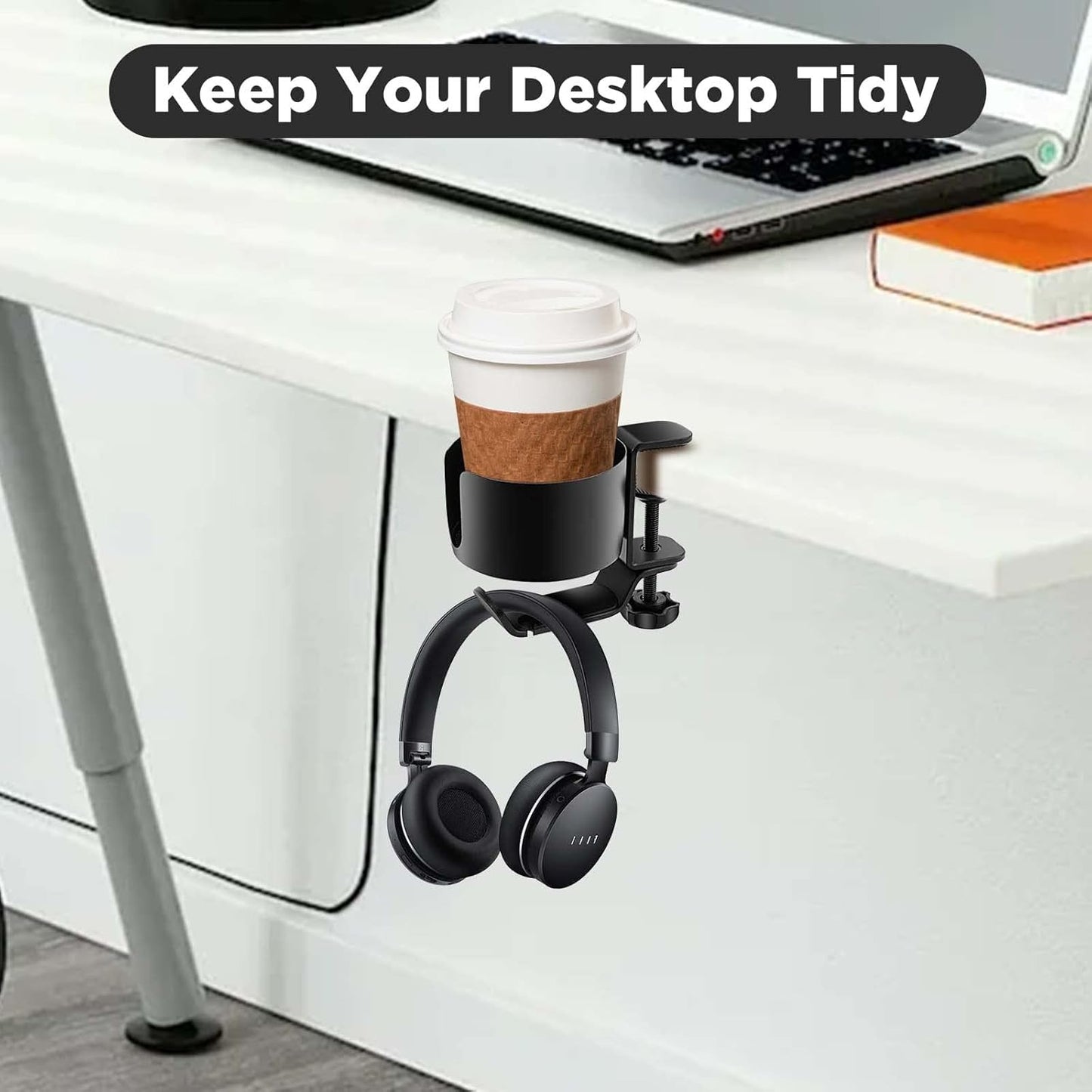 OOKUU 2 in 1 Desk Cup Holder with Headphone Hanger, Anti-Spill Cup Holder for Desk or Table, Easy to Install, Sturdy and Durable, Enough to Hold Coffee Mups, Water Bottles, Headphones