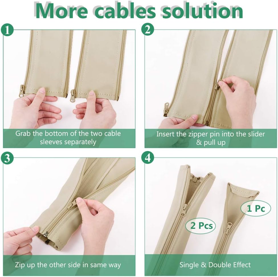 Flexible Cable Management Sleeve with Zipper - Extendable Cord Organizer System Wrap Wire Cable Cover Sleeve Holder, Keep Home & Office Clean Safe Protector for TV/Media, Beige, 39 Inches, 2 Pcs