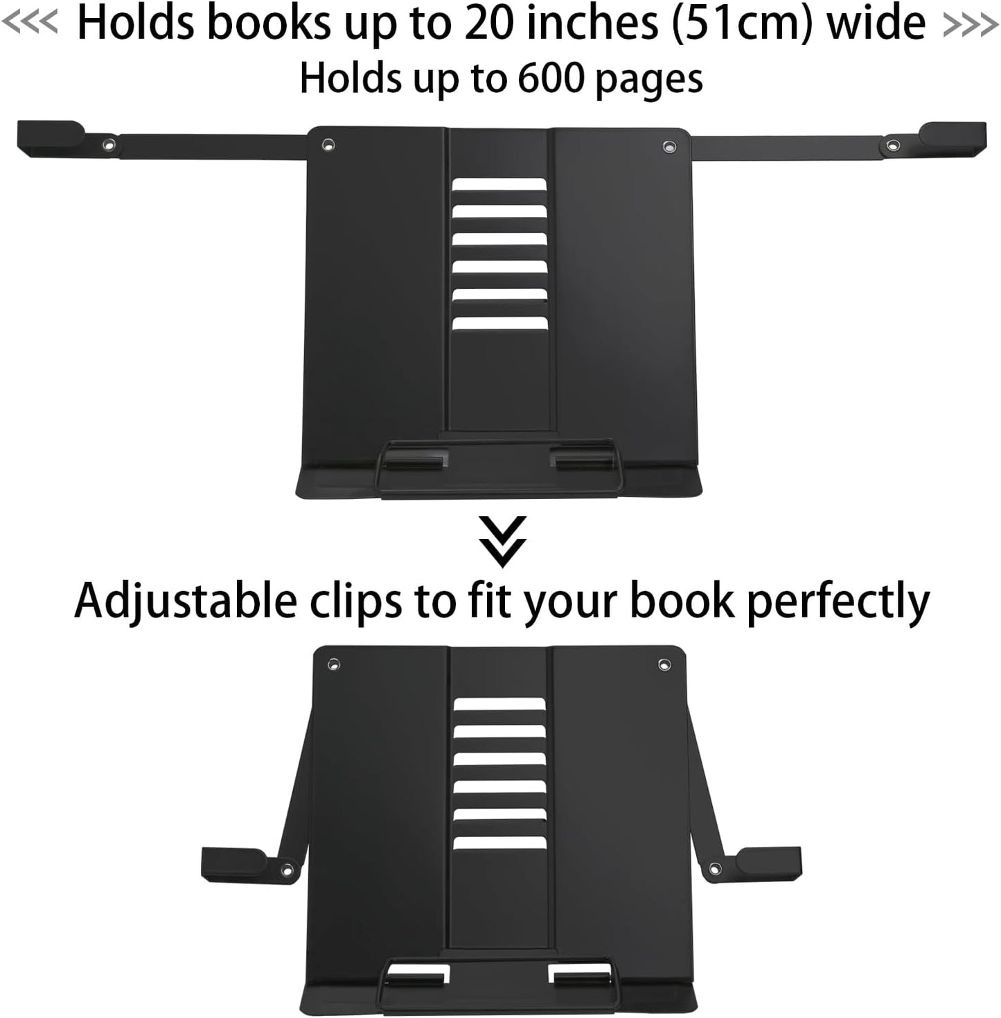Metal Desk Book Stand for Reading with Adjustable Clips, Hands-Free Foldable Book Holder for Kids, Portable Document Stand for Desk, Display Stand for Recipes, Cookbooks, Tablets - Black