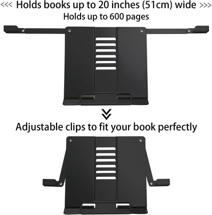 Metal Desk Book Stand for Reading with Adjustable Clips, Hands-Free Foldable Book Holder for Kids, Portable Document Stand for Desk, Display Stand for Recipes, Cookbooks, Tablets - Black