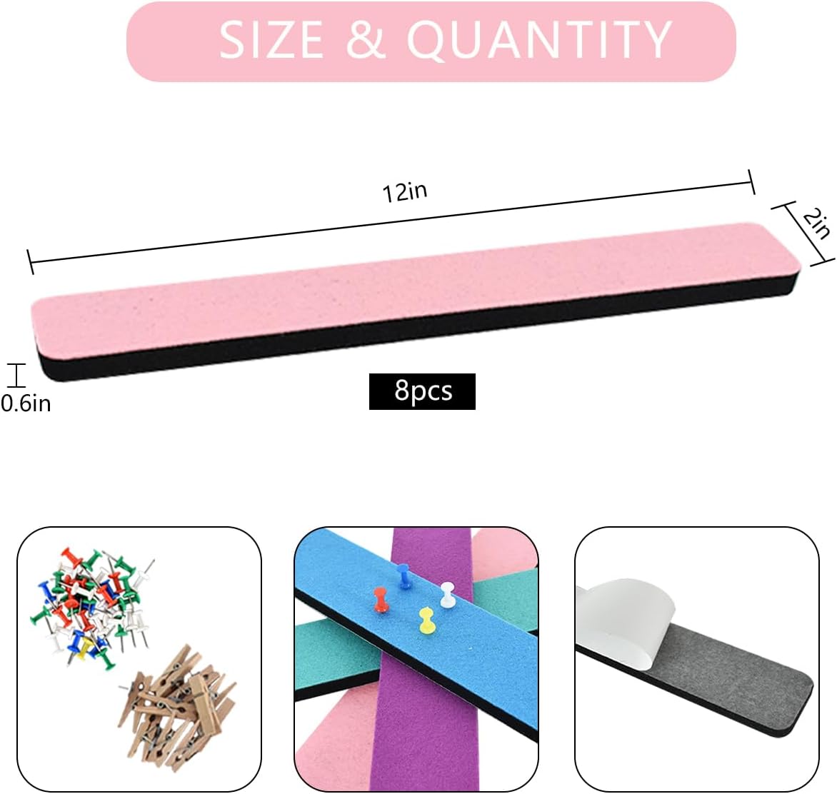 Vuzvuv 8 pcs Bulletin Board Bar Strips with 50 Pushpins & 10 Wooden Clip pins，Self Adhesive Cork Board for Wall，Felt Pin Board for School，Office Decor（Black White Grey）