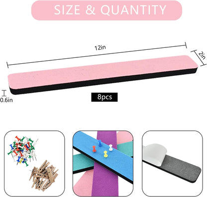 Vuzvuv 8 pcs Bulletin Board Bar Strips with 50 Pushpins & 10 Wooden Clip pins，Self Adhesive Cork Board for Wall，Felt Pin Board for School，Office Decor（Black White Grey）